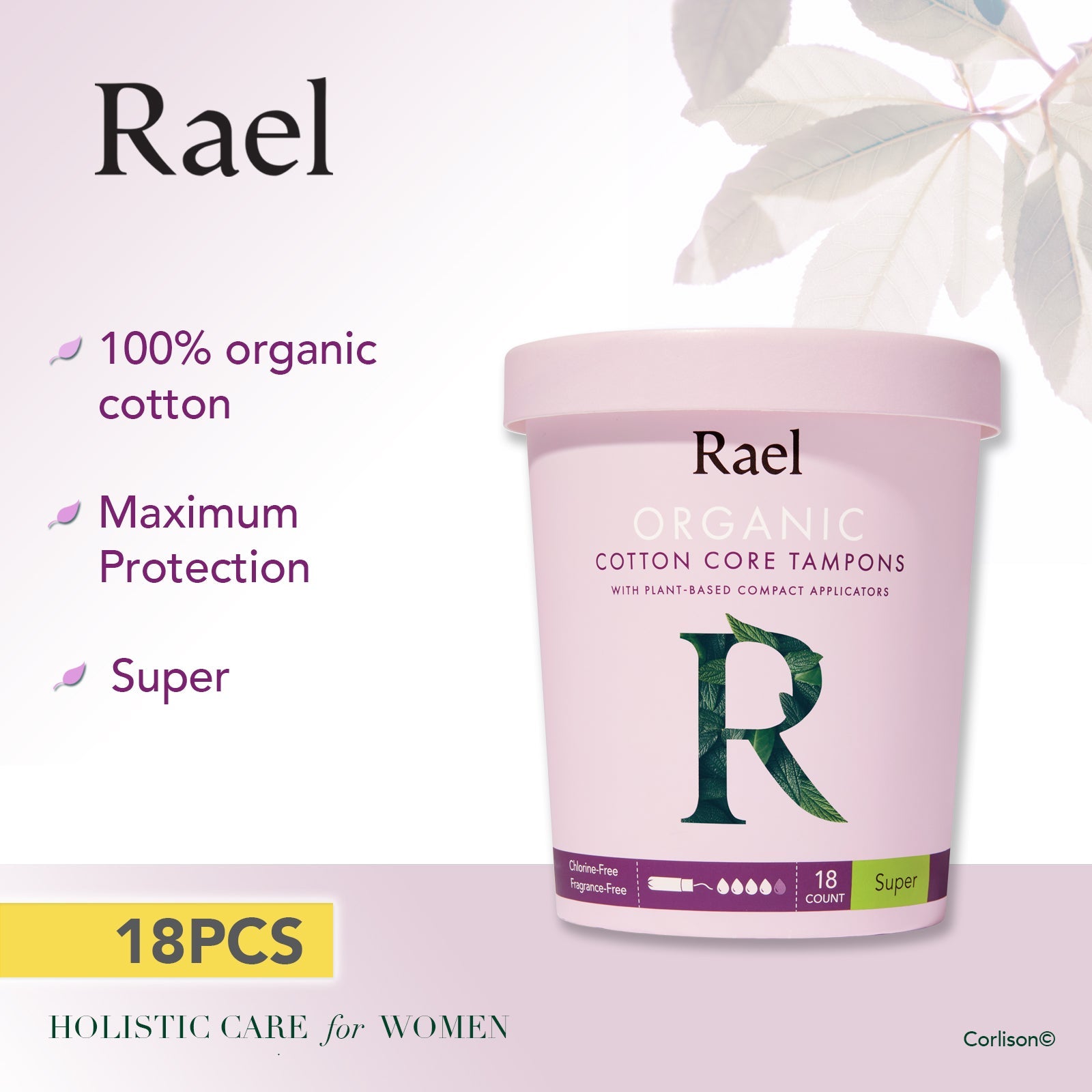 Rael Super Organic Cotton Tampons with Plant-based Compact Applicator 18s